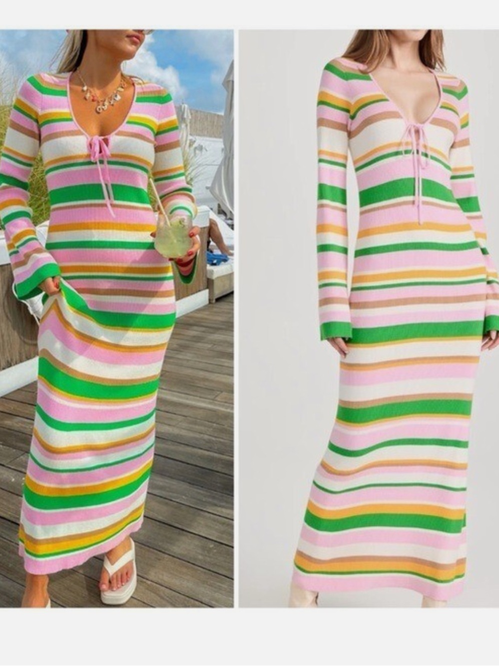 Show Me Your Mumu NWT Vacay Rib Knit Maxi Dress Striped Sweater Tie-Front Sz S